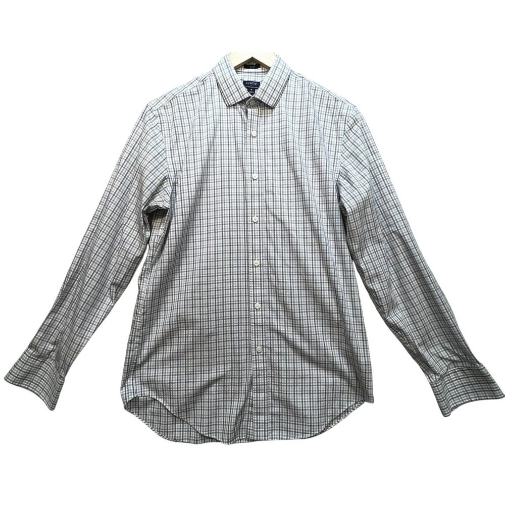 J.Crew Mens Slim Flex Wrinkle-Free Dress Shirt Long Sleeve Sz M White Blue Check